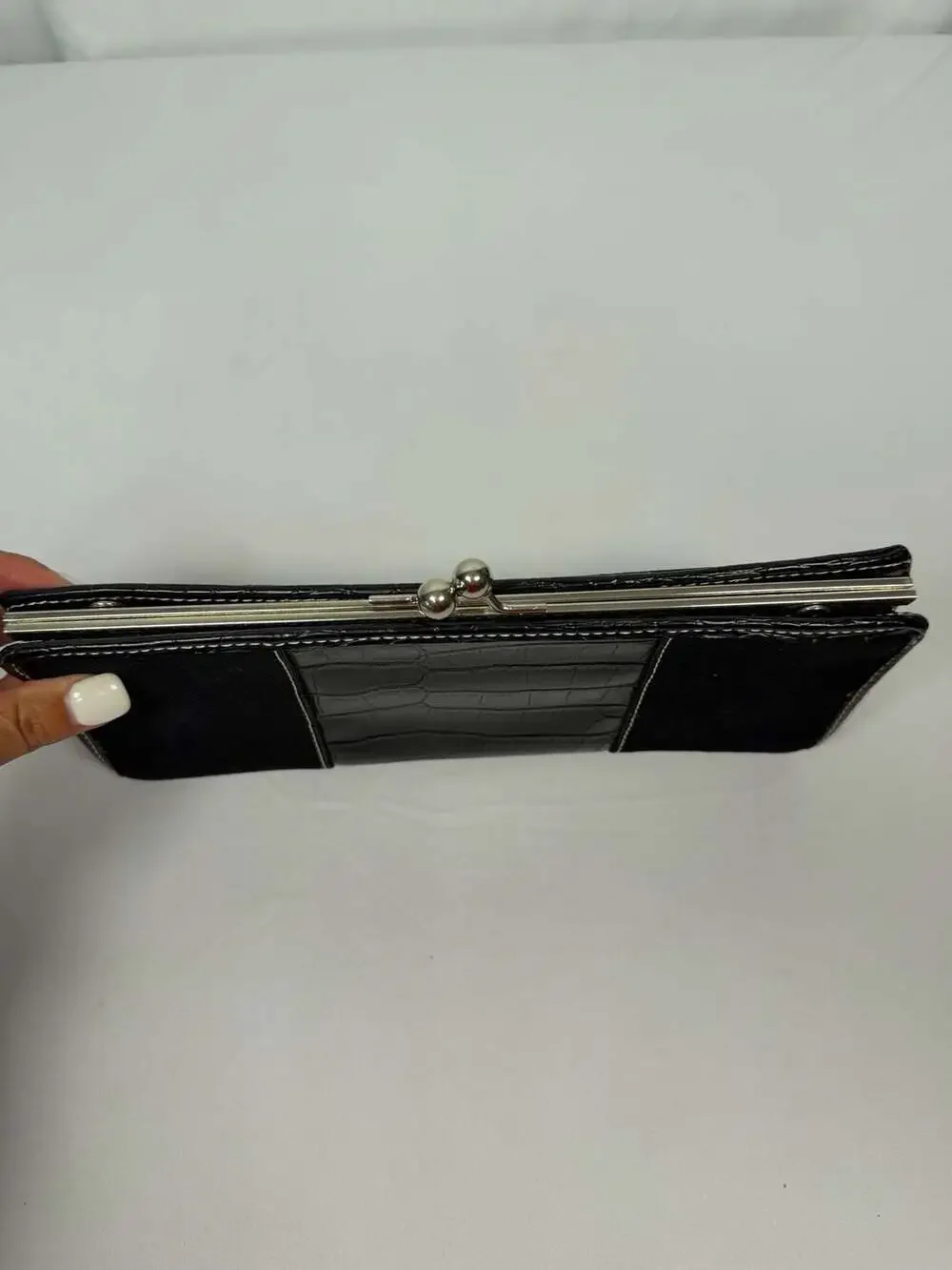 Tommy Hilfiger Black Faux Crocodile and Fabric Kiss Lock Clutch